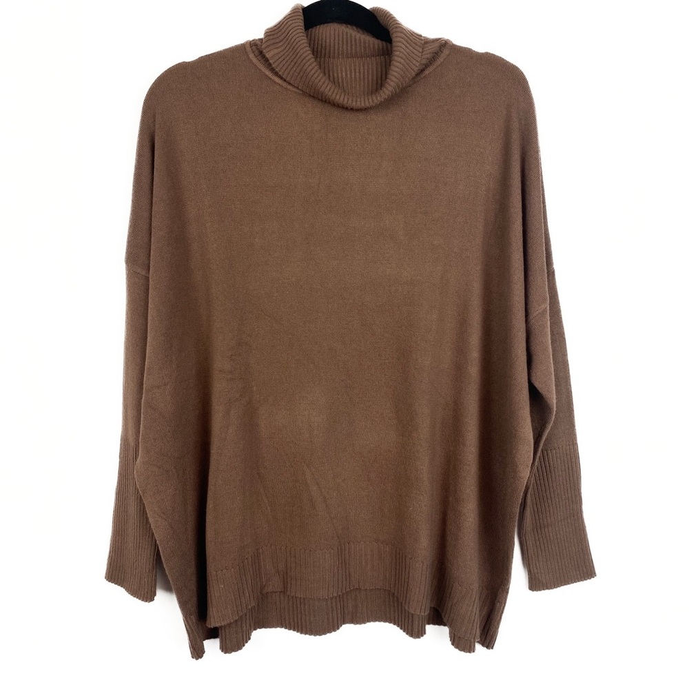 Boutique Womens Wool Blend Sweater 1X Brown Lightweight Turtleneck Minimalist